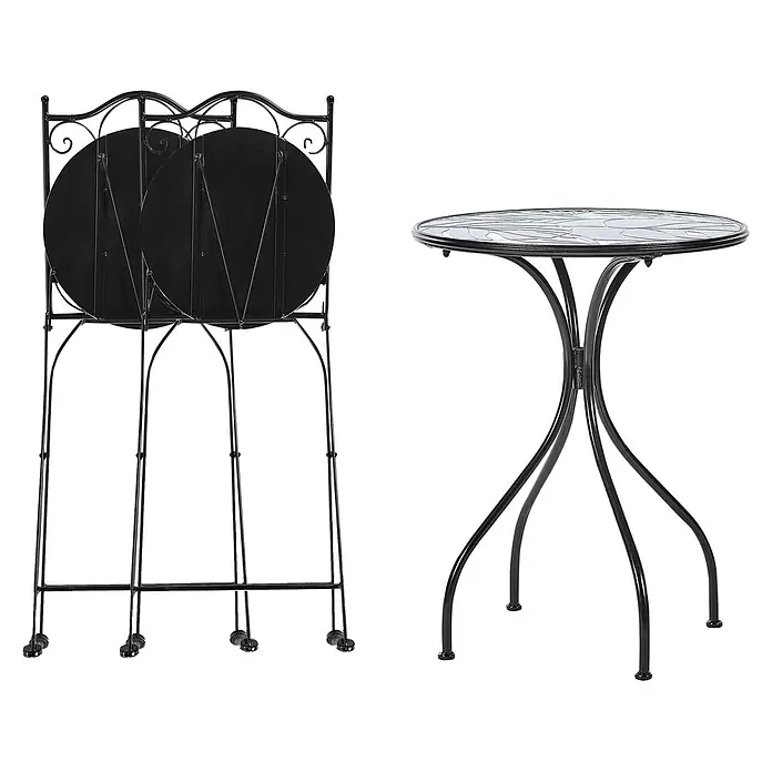 2-tlg Bistro Set COZZANA in Schwarz/Grün -  - Schwarzes Schmiedeeisen-Bistro-Set mit Mosaikglasplatte. Zeigt zwei zusammengeklappte Stühle zur Aufbewahrung und einen gebrauchsfertigen Tisch.