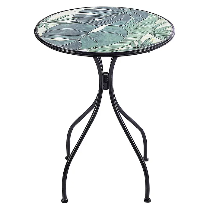 2-tlg Bistro Set COZZANA in Schwarz/Grün -  - Runder Bistrotisch mit grüner Blattmuster-Tischplatte und schwarzen Metallbeinen.
