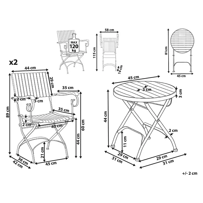 3-tlg Bistro Set LASCARI in Braun/Schwarz -  - Klappbares Bistro-Set aus Metall mit zwei Stühlen (max. 120 kg) und Tisch, inklusive Maße.