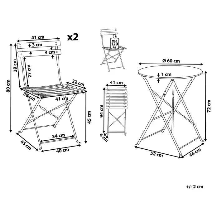 3-tlg Bistro Set FIORI in Schwarz -  - Maße eines klappbaren Bistrotisches und zweier Klappstühle, mit wichtigen Messungen und einer Stuhl-Tragkraft von 120 kg.