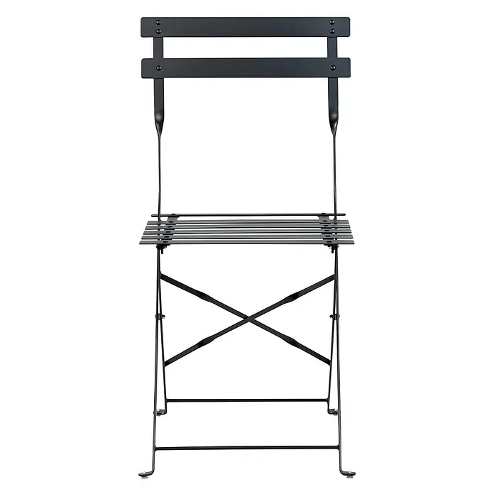 3-tlg Bistro Set FIORI in Schwarz -  - Schwarzer Klappstuhl aus Metall mit Lamellen-Sitz und -Rückenlehne, von vorne aufgeklappt.