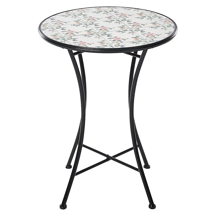 3-tlg Bistro Set COLLIO in Schwarz/Weiß -  - Kleiner runder Bistrotisch mit einer floralen Keramikfliesenplatte und einem schwarzen Metallgestell.