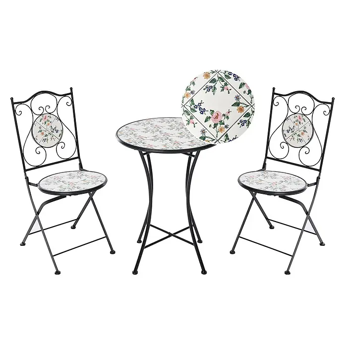 3-tlg Bistro Set COLLIO in Schwarz/Weiß -  - Schwarzes Metall-Bistroset mit Klappstühlen und Rundtisch, alle mit dekorativen Blumenmuster-Keramikfliesen.