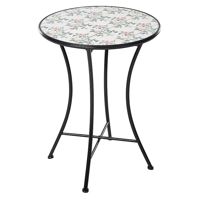 3-tlg Bistro Set COLLIO in Schwarz/Weiß -  - Runder Bistrotisch mit schwarzem Metallgestell und floral gemusterter Fliesenplatte.