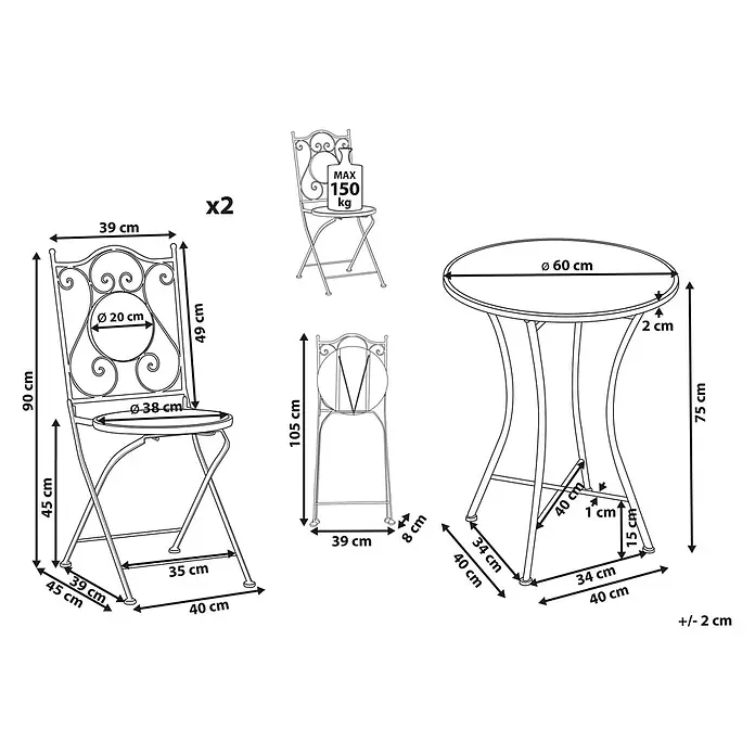 3-tlg Bistro Set COLLIO in Schwarz/Weiß -  - Strichzeichnung eines Bistrotischsets: ein runder Tisch und zwei verzierte, klappbare Stühle, mit Maßen und 150 kg Traglast pro Stuhl.