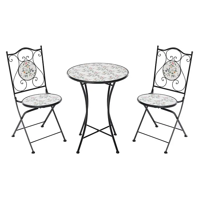 3-tlg Bistro Set COLLIO in Schwarz/Weiß -  - Schwarzes Metall-Bistro-Set mit zwei Klappstühlen und einem Tisch, alle mit floral gemusterten Keramikfliesen.