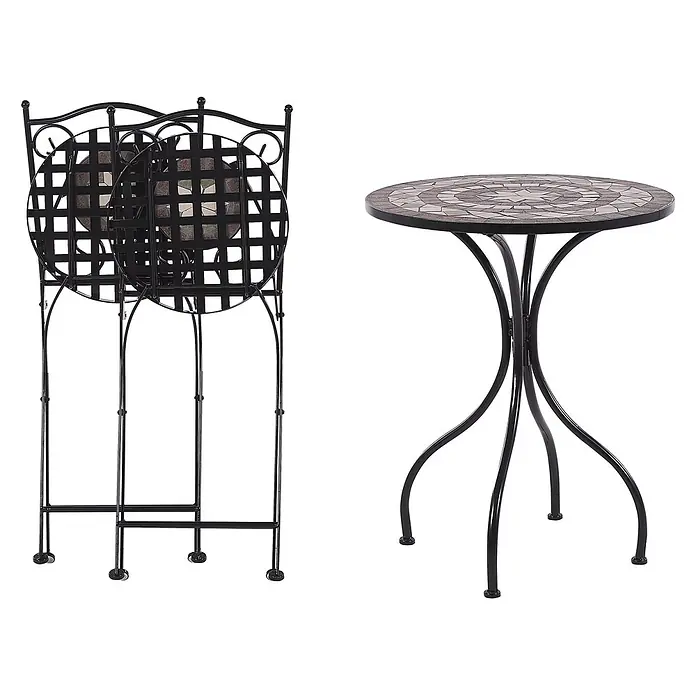 3-tlg Bistro Set CARIATI in Schwarz -  - Schwarzes Metall-Bistro-Set: runder Tisch mit Mosaikplatte und zwei passenden Klappstühlen.