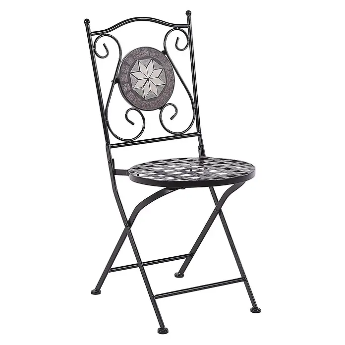 3-tlg Bistro Set CARIATI in Schwarz -  - Schwarzer Klappstuhl aus Metall mit Mosaik-Sternmuster auf der Rückenlehne und Gitterrostsitz.