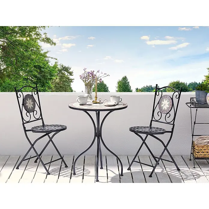 3-tlg Bistro Set CARIATI in Schwarz -  - Schwarzes Metall-Balkon-Bistro-Set mit Mosaiktisch und Stuhllehnen, ideal zur Entspannung im Freien.