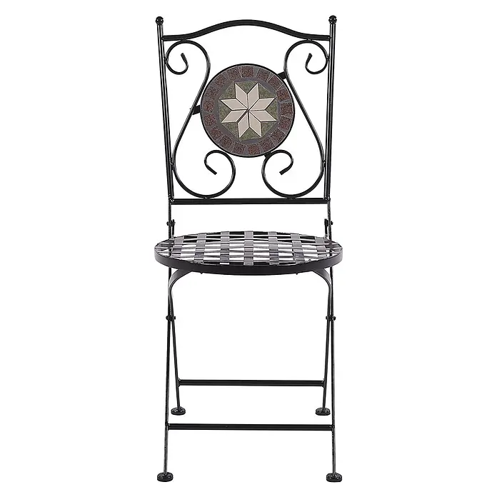 3-tlg Bistro Set CARIATI in Schwarz -  - Schwarzer Metallklappstuhl mit dekorativer Mosaik-Rückenlehne mit Sternmuster.
