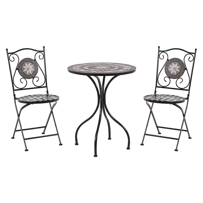 3-tlg Bistro Set CARIATI in Schwarz -  - Schwarzmetall-Bistro-Set mit Mosaiktisch und zwei Stühlen mit Sternenlehnen für den Außenbereich.