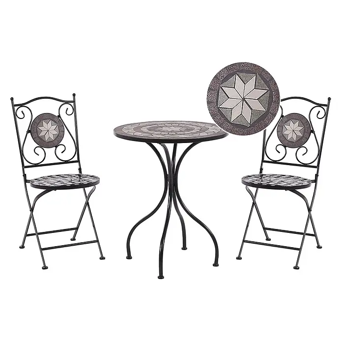 3-tlg Bistro Set CARIATI in Schwarz -  - Bistro-Set aus schwarzem Schmiedeeisen mit Mosaikplatte und Sternmuster auf Tisch und Stuhllehnen.