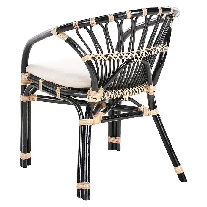 3-tlg Bistro Set PECORINI in Schwarz/Braun/Weiß -  - Schwarzer Rattan-Stuhl mit cremefarbenem Kissen und geflochtenen Details.