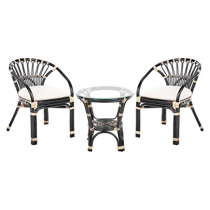 3-tlg Bistro Set PECORINI in Schwarz/Braun/Weiß -  - Schwarzes und naturfarbenes Rattan-Bistro-Set mit zwei Stühlen, weißen Kissen und rundem Glastisch.