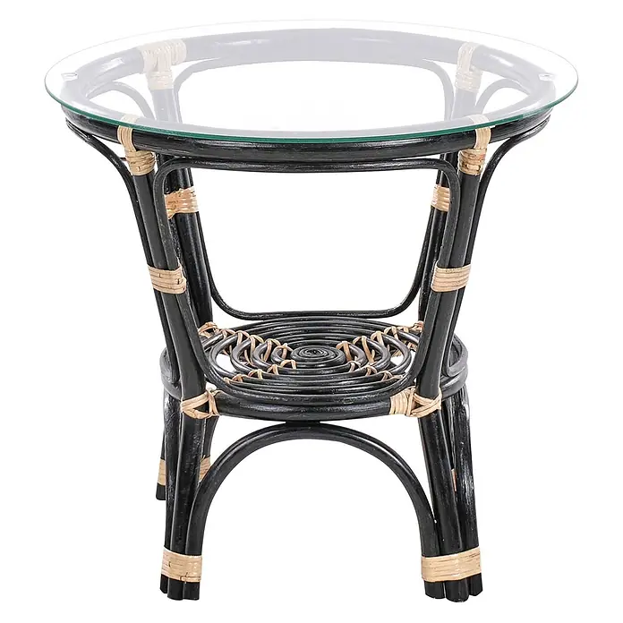 3-tlg Bistro Set PECORINI in Schwarz/Braun/Weiß -  - Runder Beistelltisch mit klarer Glasplatte und schwarzem Rattangestell, mit hellbraunen Wicklungen akzentuiert.