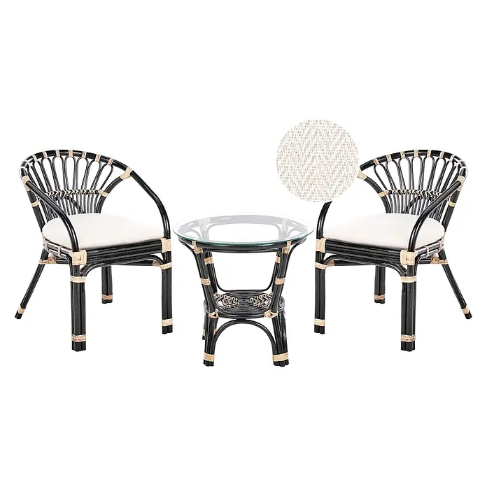 3-tlg Bistro Set PECORINI in Schwarz/Braun/Weiß -  - Schwarzes Rattan-Bistro-Set mit zwei Stühlen, weißen Kissen und einem Glastisch.