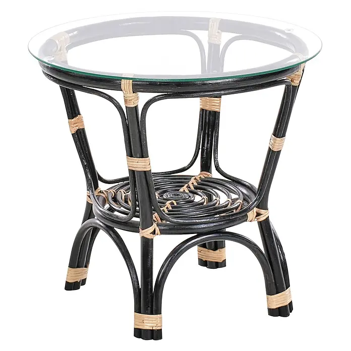 3-tlg Bistro Set PECORINI in Schwarz/Braun/Weiß -  - Runder Beistelltisch mit Glasplatte und schwarzem Rattanrahmen mit natürlichen Rattan-Akzenten.