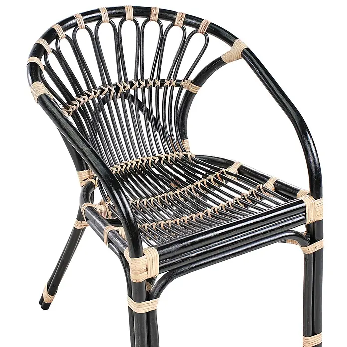 3-tlg Bistro Set PECORINI in Schwarz/Braun/Weiß -  - Schwarzer Rattansessel mit Naturgeflecht.