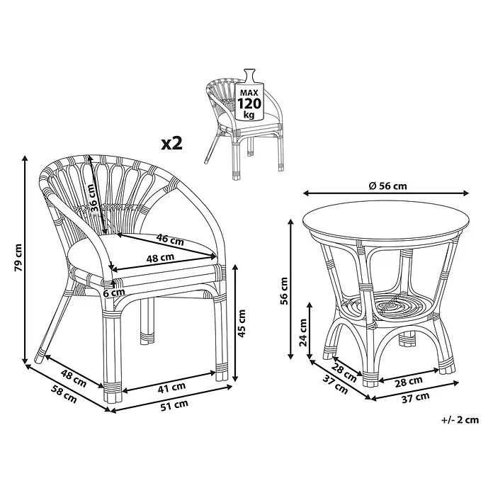 3-tlg Bistro Set PECORINI in Schwarz/Braun/Weiß -  - Abmessungen eines Rattan-Gartenmöbelsets: zwei Stühle mit Kissen und ein runder Tisch.