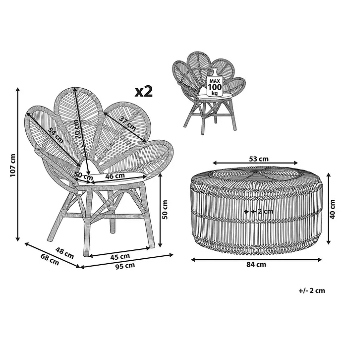 3-tlg Bistro Set FLORENTINE / LIMNI in Naturfarben/Beige/Beige -  - Maße eines Rattansessels mit blumenförmiger Rückenlehne und eines ovalen Rattan-Ottomans, inklusive Höhe, Breite, Tiefe und Tragfähigkeit.