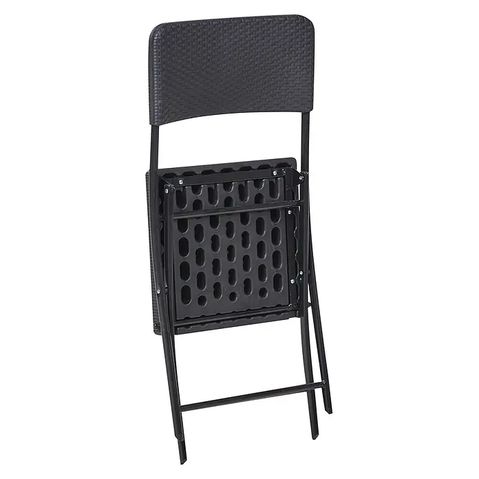 3-tlg Bistro Set TRAPPETO in Schwarz -  - Schwarzer Klappstuhl mit Rückenlehne in Rattan-Optik, von hinten zusammengeklappt gezeigt.