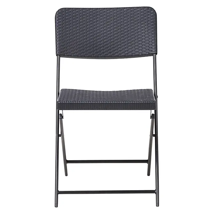 3-tlg Bistro Set TRAPPETO in Schwarz -  - Dunkelgrauer Klappstuhl in Rattan-Optik mit schwarzem Metallrahmen.