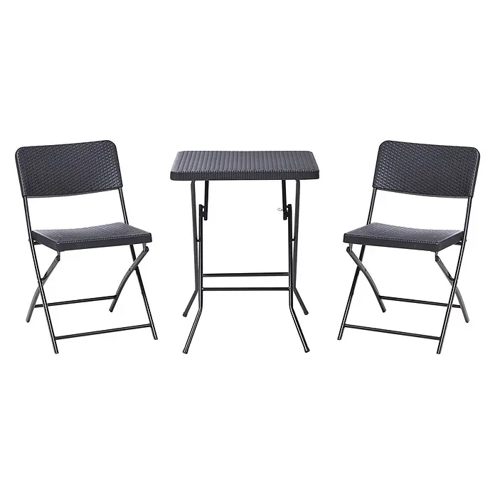 3-tlg Bistro Set TRAPPETO in Schwarz -  - Schwarzer Klapptisch und zwei passende Klappstühle mit geflochtener Struktur, ideal für kleine Räume oder den Außenbereich.