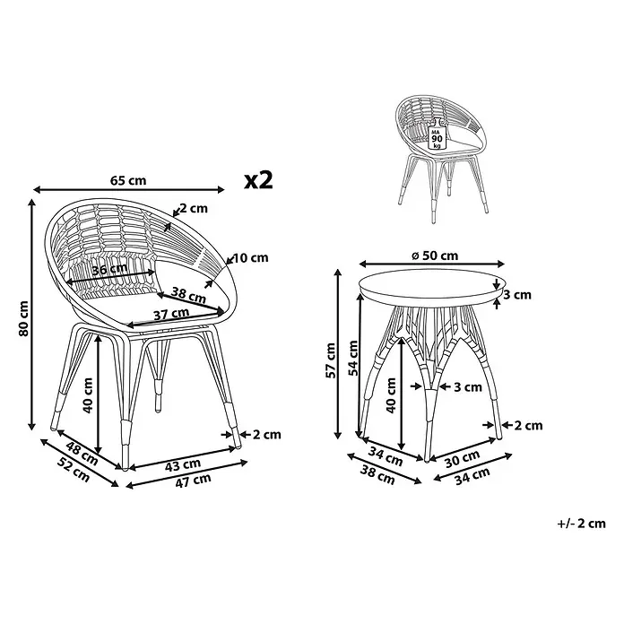 5-tlg Bistro Set PELLARO in Naturfarben/Beige/Schwarz -  - Gartenmöbel-Set: zwei schwarze Sessel im Rattan-Stil mit Metallbeinen und ein passender runder Tisch. Maße angegeben.