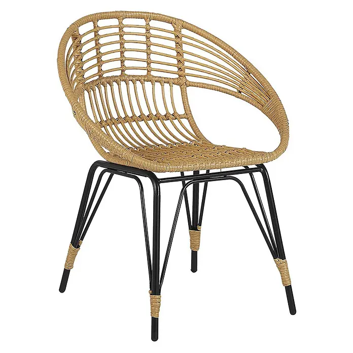 5-tlg Bistro Set PELLARO in Naturfarben/Beige/Schwarz -  - Rattanstuhl mit natürlicher Flechtsitzfläche und Rückenlehne auf schwarzen Metallbeinen mit Rattanverzierungen.