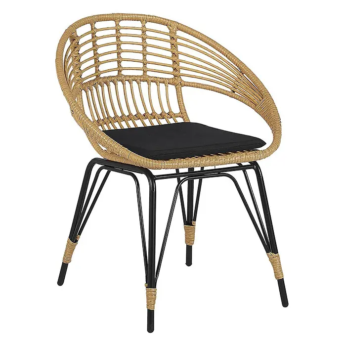 5-tlg Bistro Set PELLARO in Naturfarben/Beige/Schwarz -  - Ein moderner Stuhl mit hellbrauner Rattan-Optik-Sitzfläche und schwarzem Metallgestell, mit schwarzem Kissen.