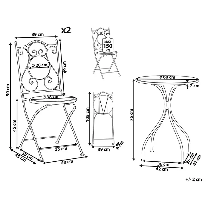 3-tlg Bistro Set CARONA in Schwarz/Weiß -  - Set aus zwei klappbaren Gartenstühlen aus Metall (max. 150 kg Traglast) und einem passenden runden Gartentisch mit Maßen.