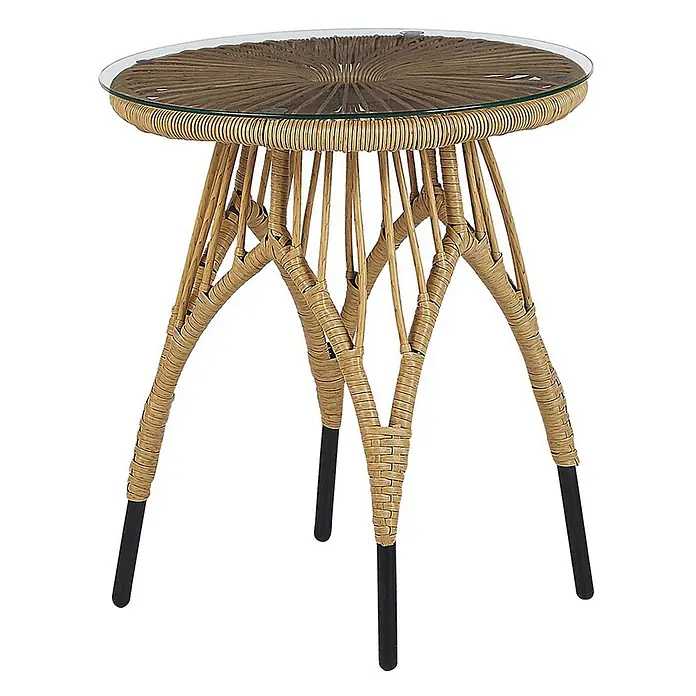 5-tlg Bistro Set PELLARO in Naturfarben/Beige/Schwarz -  - Runder Beistelltisch mit Glasplatte und natürlichem Rattan-Geflechtgestell mit schwarzen Beinenden.