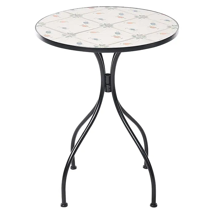 3-tlg Bistro Set CARONA in Schwarz/Weiß -  - Runder Gartentisch mit dekorativer Fliesenplatte und schwarzem Metallgestell.