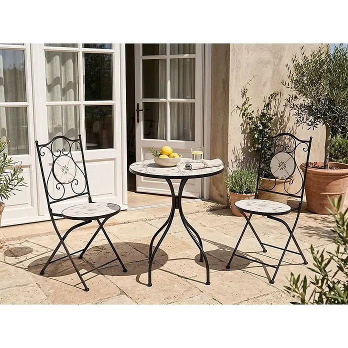 3-tlg Bistro Set CARONA in Schwarz/Weiß -  - Schwarzes Schmiedeeisen-Bistro-Set mit Mosaikfliesen auf Tisch und Stühlen, ideal für den Außenbereich.