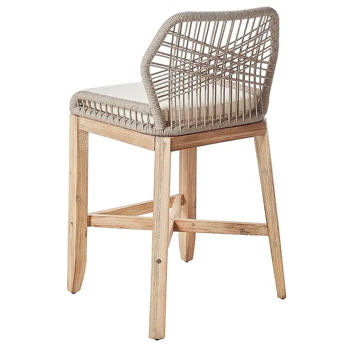3-tlg Bistro Set TALAMONE in Braun/Grau/Beige -  - Barhocker aus hellem Holz mit beigem Seilgeflecht an Rücken und Sitz, dazu ein cremefarbenes Kissen.
