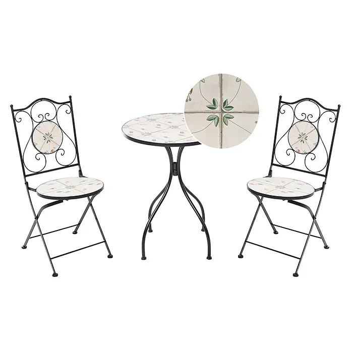 3-tlg Bistro Set CARONA in Schwarz/Weiß -  - Schwarzes Schmiedeeisen-Bistro-Set mit zwei Klappstühlen und einem Tisch, alle mit floralen Mosaikfliesen.