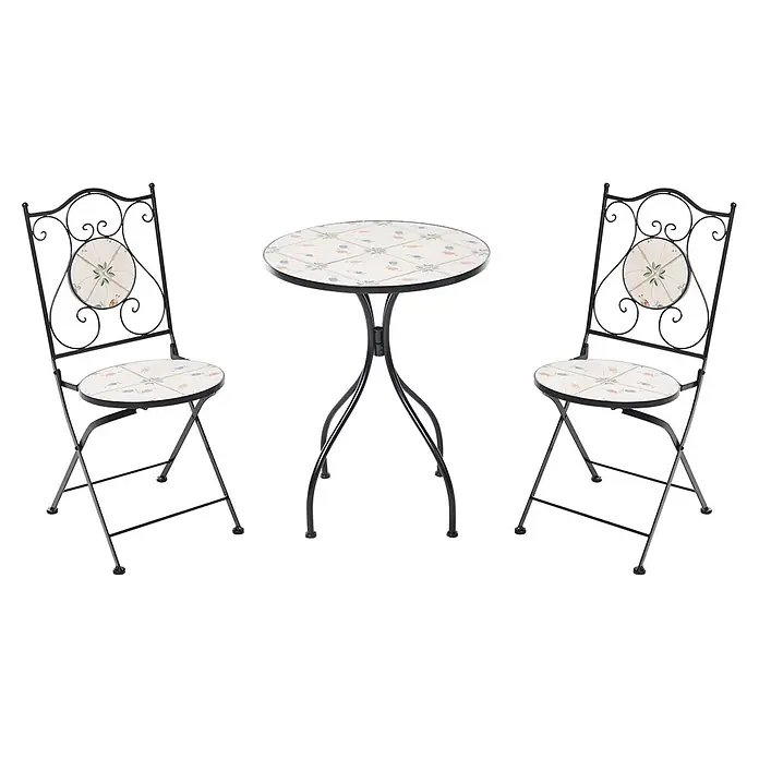 3-tlg Bistro Set CARONA in Schwarz/Weiß -  - Bistrotisch-Set aus schwarzem Metall mit runder Mosaikfliesenplatte und zwei Klappstühlen mit passenden Sitzen und Rückenlehnen.