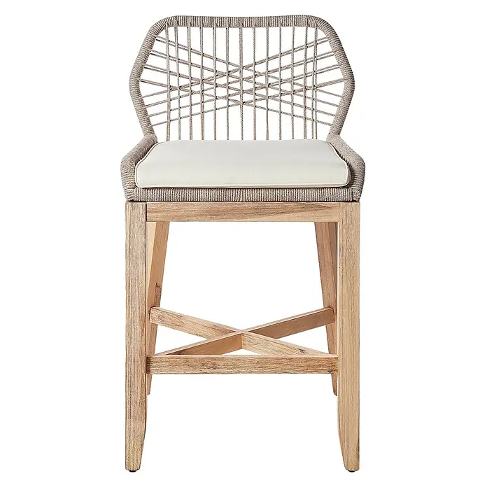 3-tlg Bistro Set TALAMONE in Braun/Grau/Beige -  - Barhocker aus hellem Holz mit beigem geflochtenem Seilrücken und cremefarbenem Sitzkissen.