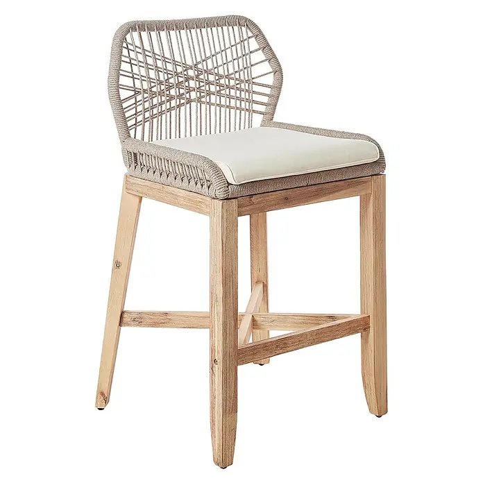 3-tlg Bistro Set TALAMONE in Braun/Grau/Beige -  - Ein heller Barhocker aus Holz mit geflochtener Seillehne und -besatz, mit hellem Cremepolster.