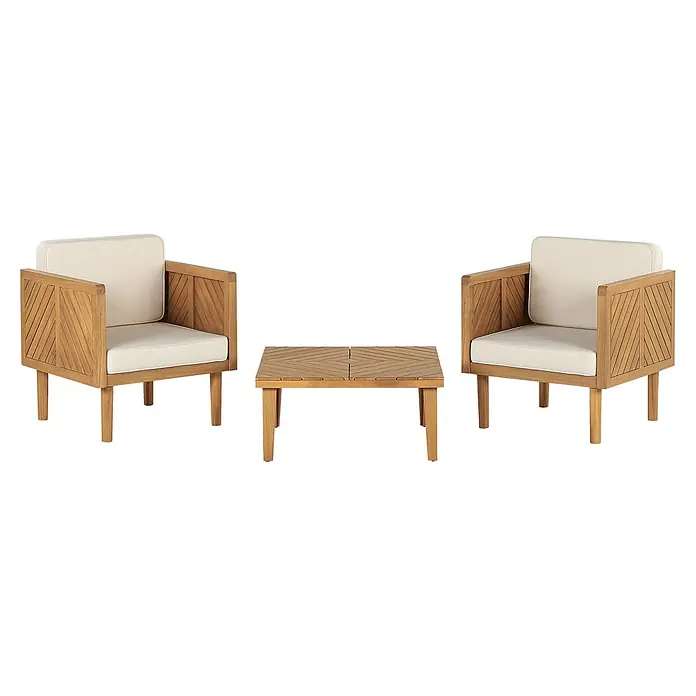 7-tlg Bistro Set BARATTI in Braun/Beige -  - Zwei Holz-Sessel mit cremefarbenen Kissen und passendem Holztisch mit Lamellendesign.