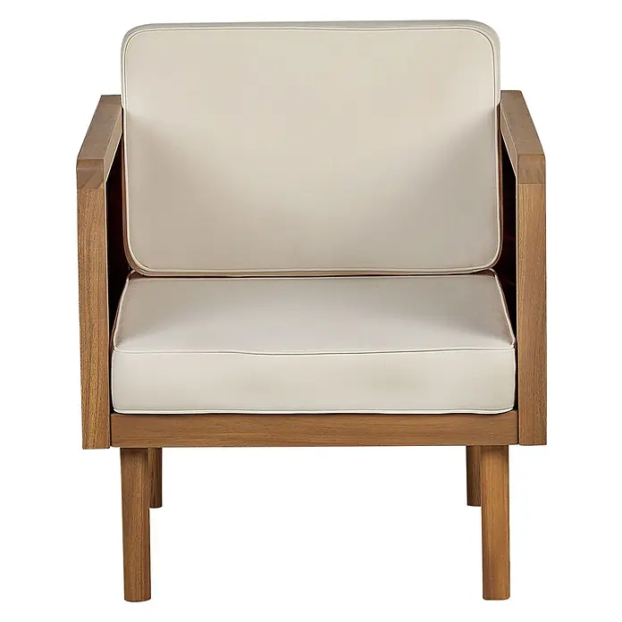 7-tlg Bistro Set BARATTI in Braun/Beige -  - Sessel aus Holz mit hellbraunem Rahmen und cremefarbenen Sitz- und Rückenkissen.