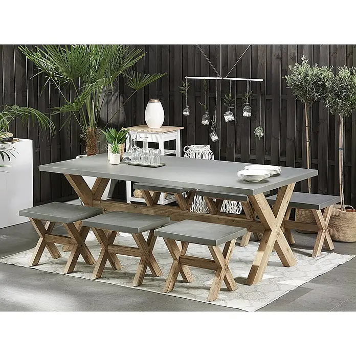7-tlg Gartentisch Set OLBIA in Grau/Braun -  - Outdoor-Essgruppe mit grauem Tisch und passenden Bänken und Hockern, alle mit hölzernen X-Beinen.