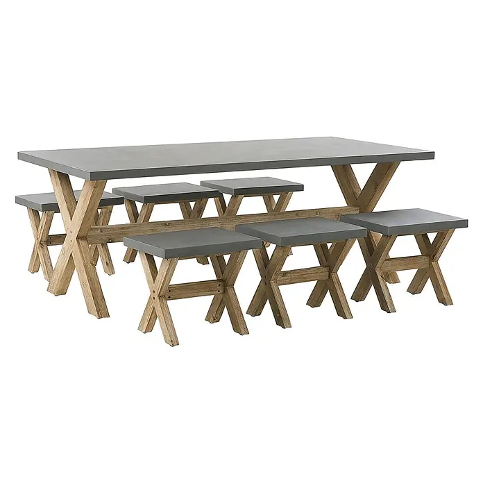 7-tlg Gartentisch Set OLBIA in Grau/Braun -  - Rechteckiger Esstisch mit grauer Platte und X-förmigen Holzbeinen, begleitet von sechs passenden Hockern.