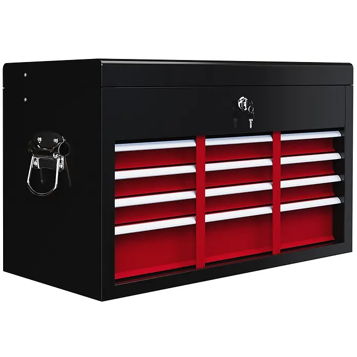 SONNENH Werkzeugkoffer, Stahl, 60 x 26 cm, Rot -  - Schwarzer Werkzeugkasten mit roten Schubladen und Chromdetails, ideal zur Werkzeugaufbewahrung.