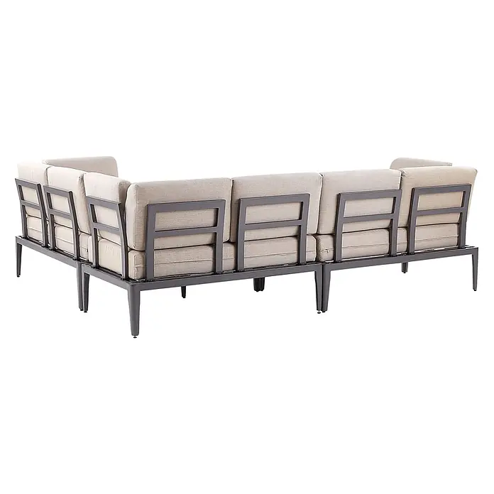 5-tlg Lounge Set RIMA in Grau/Beige linksseitig -  - Rück- und Seitenansicht eines modularen Outdoor-Sofas mit dunkelgrauem Metallrahmen und hellbeigen Kissen.