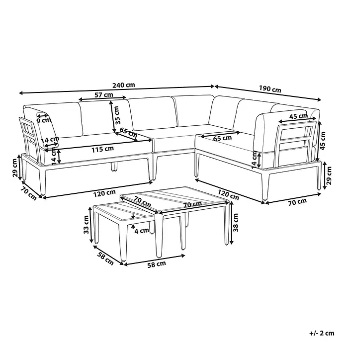 5-tlg Lounge Set RIMA in Grau/Beige linksseitig -  - Moderne L-förmige Terrassencouch-Garnitur mit zwei verschachtelten Couchtischen, inklusive Maßen.