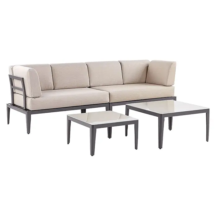 5-tlg Lounge Set RIMA in Grau/Beige linksseitig -  - Beiges Polster-Gartensofa mit dunkelgrauem Metallrahmen, dazu ein rechteckiger und ein quadratischer Couchtisch mit Glasplatten.