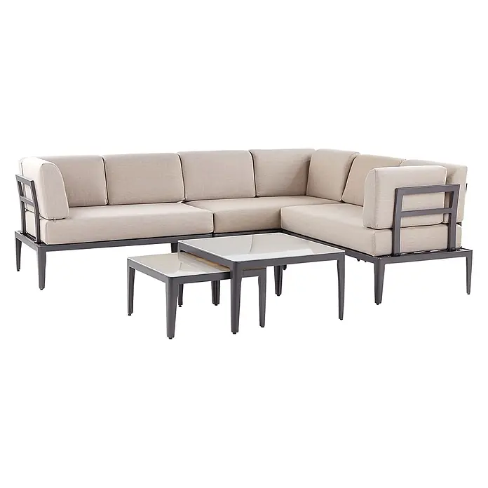 5-tlg Lounge Set RIMA in Grau/Beige linksseitig -  - Beiges L-förmiges Outdoor-Sofa mit dunkelgrauem Rahmen und zwei Beistelltischen mit hellen Platten.