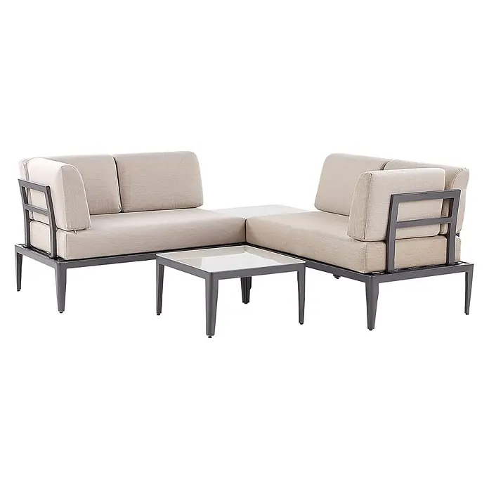 5-tlg Lounge Set RIMA in Grau/Beige linksseitig -  - L-förmiges Outdoor-Sofa-Set mit beigen Kissen, dunkelgrauem Metallgestell, integriertem weißen Eckelement und separatem Glas-Couchtisch.