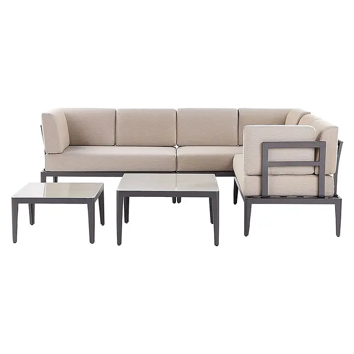 5-tlg Lounge Set RIMA in Grau/Beige linksseitig -  - Beige gepolsterte Outdoor-Ecksofa mit dunkelgrauem Metallrahmen und zwei passenden Couchtischen mit heller Glasplatte.